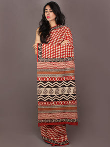Red Ivory Black Hand Block Printed in Natural Colors Cotton Mul Saree - S031701013