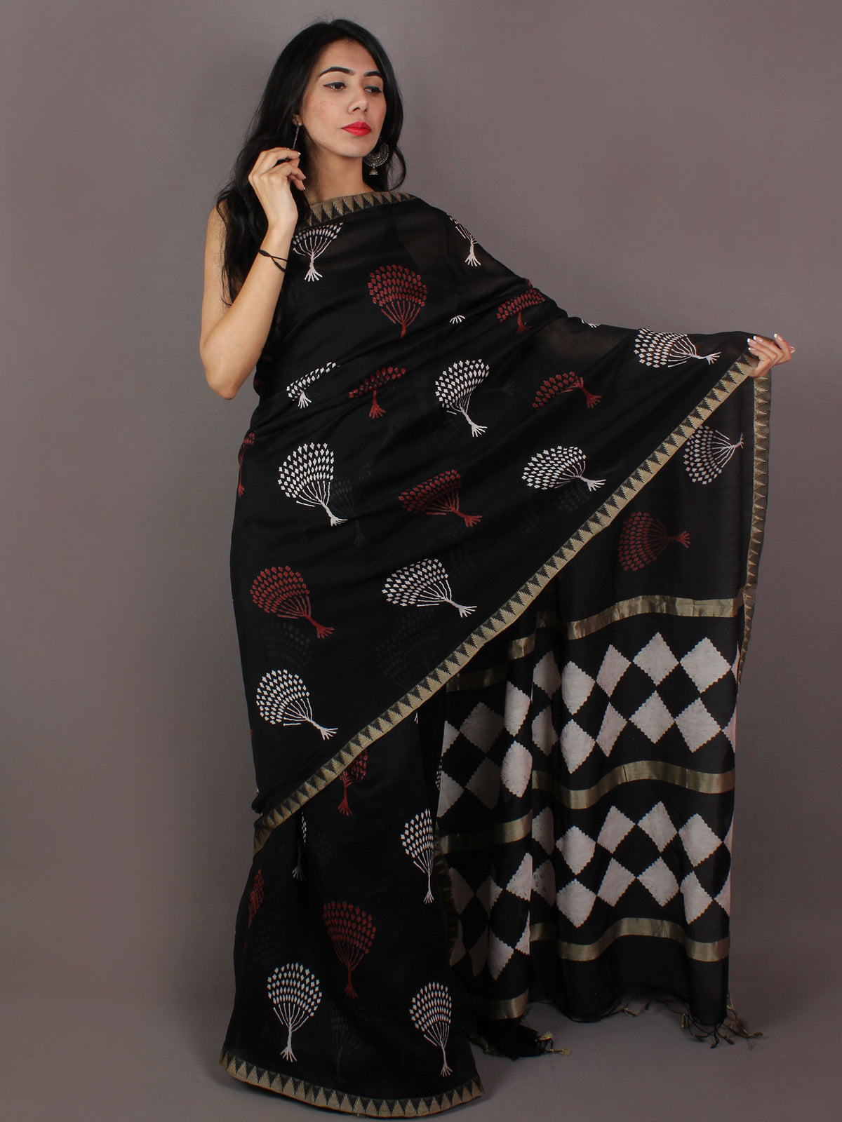 Black Red White Hand Block Printed in Natural Colors Chanderi Saree With Geecha Border - S031701014