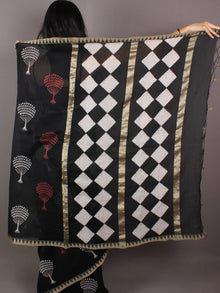 Black Red White Hand Block Printed in Natural Colors Chanderi Saree With Geecha Border - S031701014