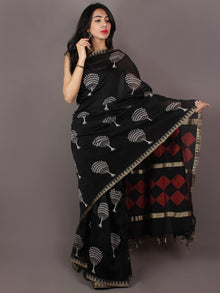 Black Red White Hand Block Printed in Natural Colors Chanderi Saree With Geecha Border - S031701016