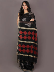Black Red White Hand Block Printed in Natural Colors Chanderi Saree With Geecha Border - S031701016