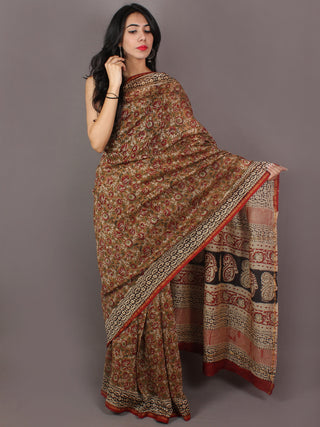 Brown Maroon Green Ivory Hand Block Printed Kalamkaari Chanderi Saree - S031701017