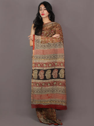 Brown Maroon Green Ivory Hand Block Printed Kalamkaari Chanderi Saree - S031701017