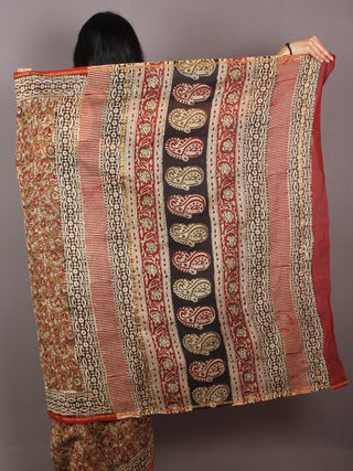 Brown Maroon Green Ivory Hand Block Printed Kalamkaari Chanderi Saree - S031701017