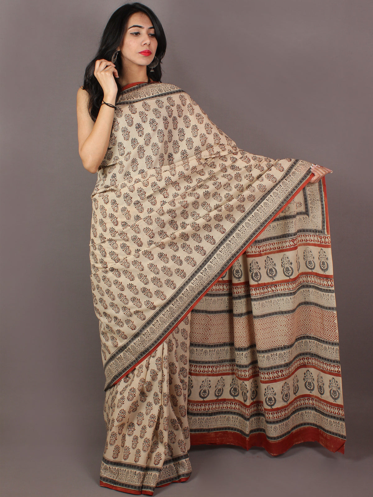 Ivory Grey Red Hand Block Printed in Natural Colors Cotton Mul Saree - S031701018