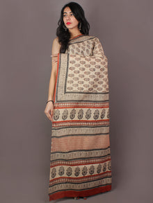 Ivory Grey Red Hand Block Printed in Natural Colors Cotton Mul Saree - S031701018