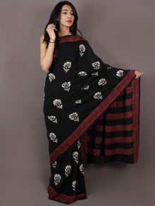 Black White Maroon Hand Block Printed in Natural Colors Cotton Mul Saree - S031701019