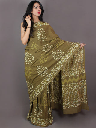 Asparagus Green Hand Block Printed in Natural Colors Cotton Mul Saree - S031701020