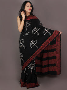Black White Maroon Hand Block Printed in Natural Colors Cotton Mul Saree - S031701021