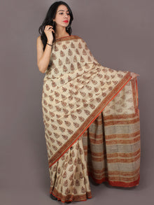 Ivory Brown Orange Hand Block Printed in Natural Colors Cotton Mul Saree - S031701022