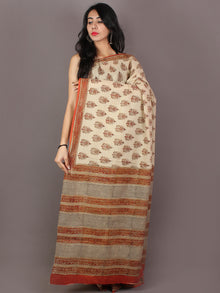 Ivory Brown Orange Hand Block Printed in Natural Colors Cotton Mul Saree - S031701022