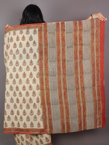 Ivory Brown Orange Hand Block Printed in Natural Colors Cotton Mul Saree - S031701022