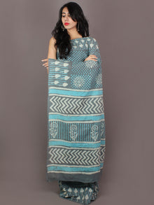 Grey Sky Blue White Hand Block Printed in Natural Colors Cotton Mul Saree - S031701023