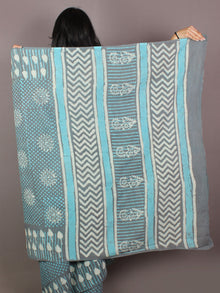 Grey Sky Blue White Hand Block Printed in Natural Colors Cotton Mul Saree - S031701023