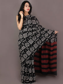 Black White Maroon Hand Block Printed in Natural Colors Cotton Mul Saree - S031701024