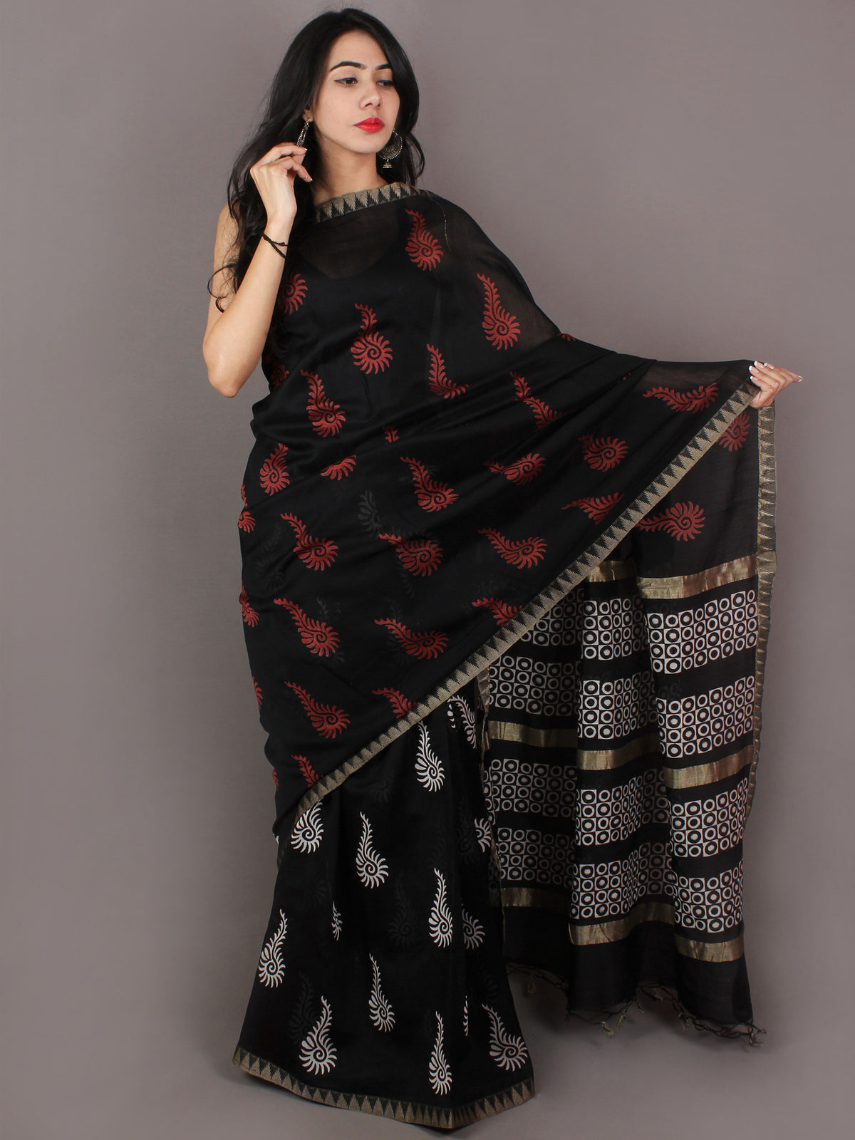 Black Red White Hand Block Printed in Natural Vegetable Colors Chanderi Saree With Geecha Border - S031701027
