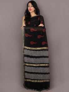 Black Red White Hand Block Printed in Natural Vegetable Colors Chanderi Saree With Geecha Border - S031701027