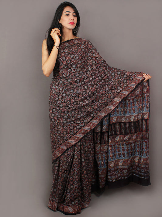 Black Maroon Steel Blue Mughal Nakashi Ajrakh Hand Block Printed in Natural Vegetable Colors Cotton Mul Saree - S031701028
