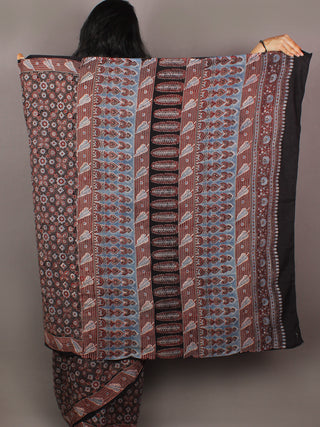 Black Maroon Steel Blue Mughal Nakashi Ajrakh Hand Block Printed in Natural Vegetable Colors Cotton Mul Saree - S031701028