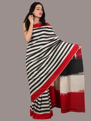 Red Black Beige Ikat Handwoven Pochampally Cotton Saree - S031701049