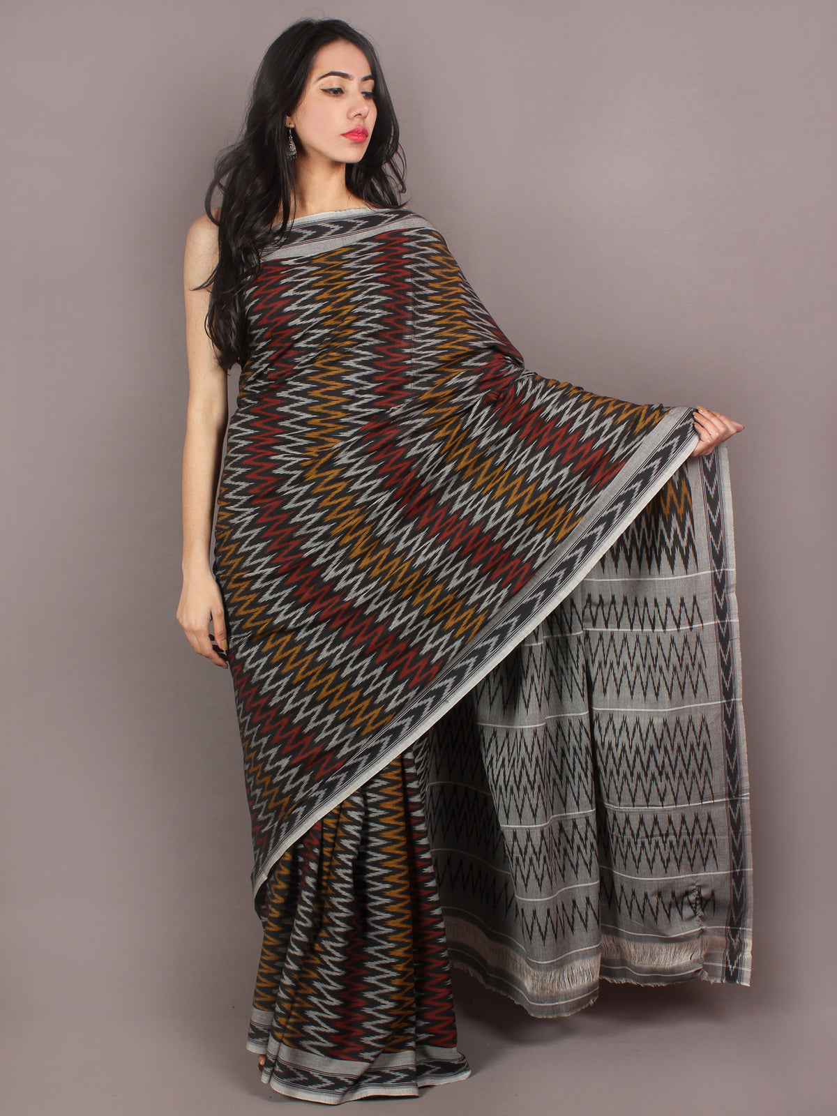 Black Grey Red Yellow Ikat Handwoven Pochampally Cotton Saree - S031701052