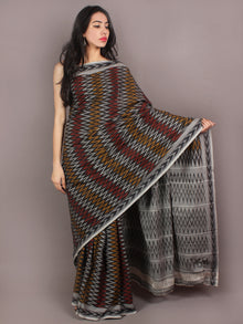 Black Grey Red Yellow Ikat Handwoven Pochampally Cotton Saree - S031701052