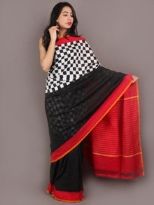 Red Black Ivory Ikat Handwoven Pochampally Cotton Saree - S031701054