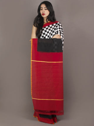 Red Black Ivory Ikat Handwoven Pochampally Cotton Saree - S031701054