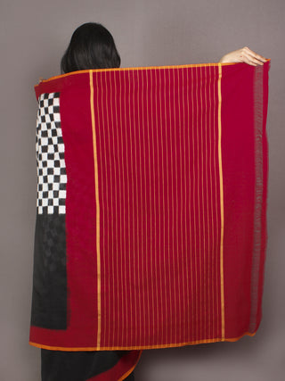 Red Black Ivory Ikat Handwoven Pochampally Cotton Saree - S031701054