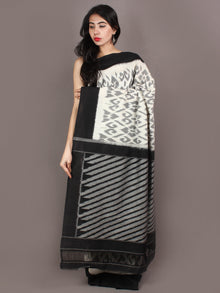 Ivory Grey Black Ikat Handwoven Pochampally Cotton Saree - S031701057