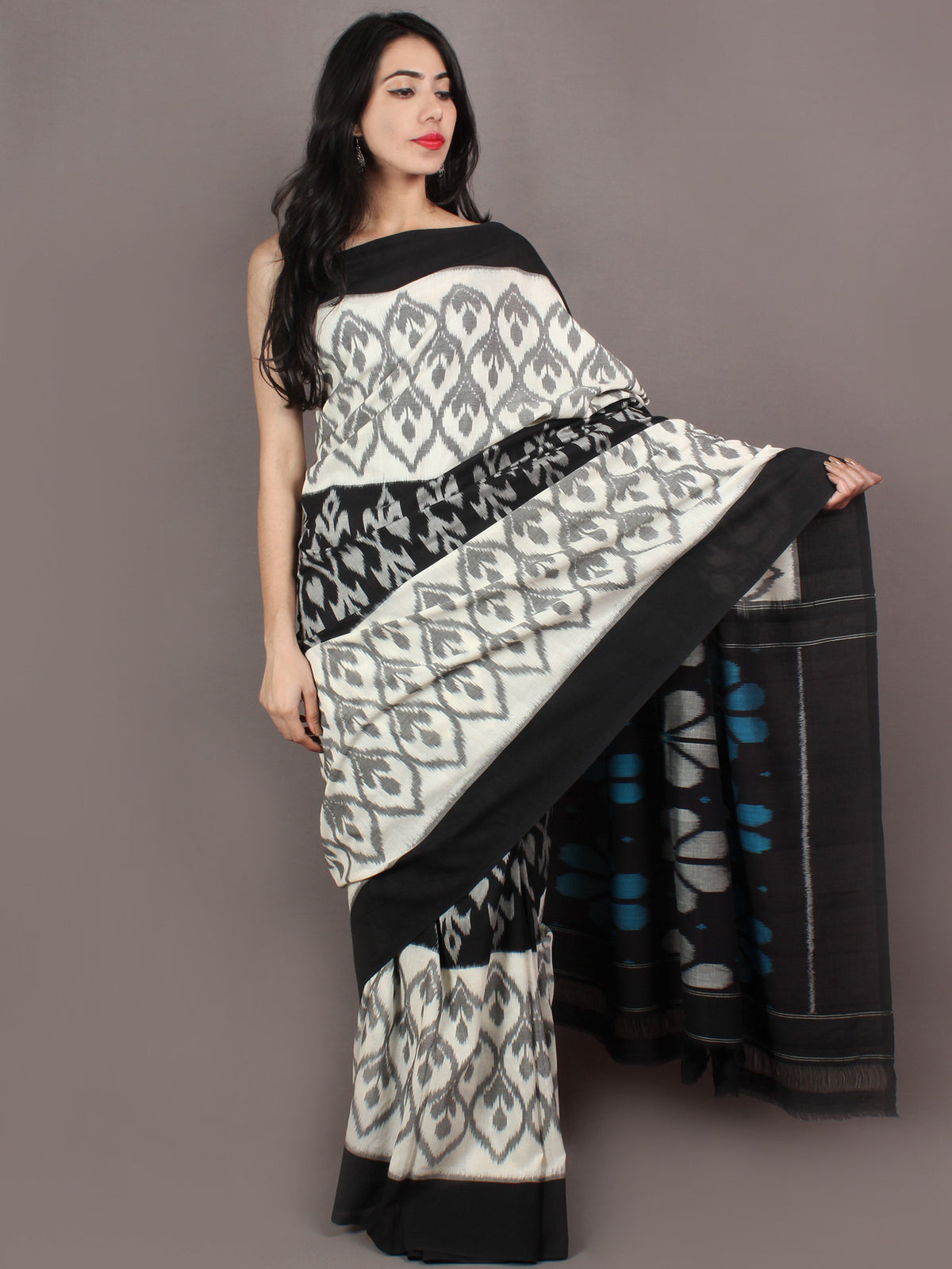 Ivory Grey Black Azure Ikat Handwoven Pochampally Cotton Saree - S031701058