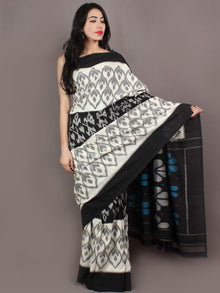 Ivory Grey Black Azure Ikat Handwoven Pochampally Cotton Saree - S031701058