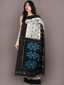 Ivory Grey Black Azure Ikat Handwoven Pochampally Cotton Saree - S031701058