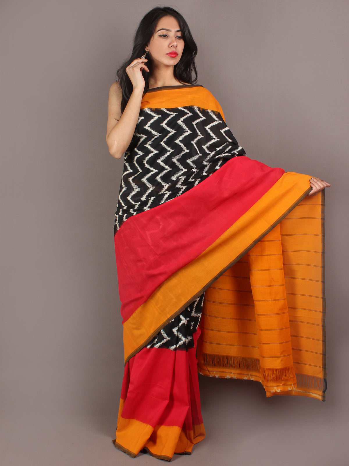 Black Ivory Red Yellow Ikat Handwoven Pochampally Cotton Saree - S031701059