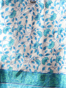 White Sky Blue Hand Block Printed Cotton Suit-Salwar Fabric With Chiffon Dupatta - S1628106