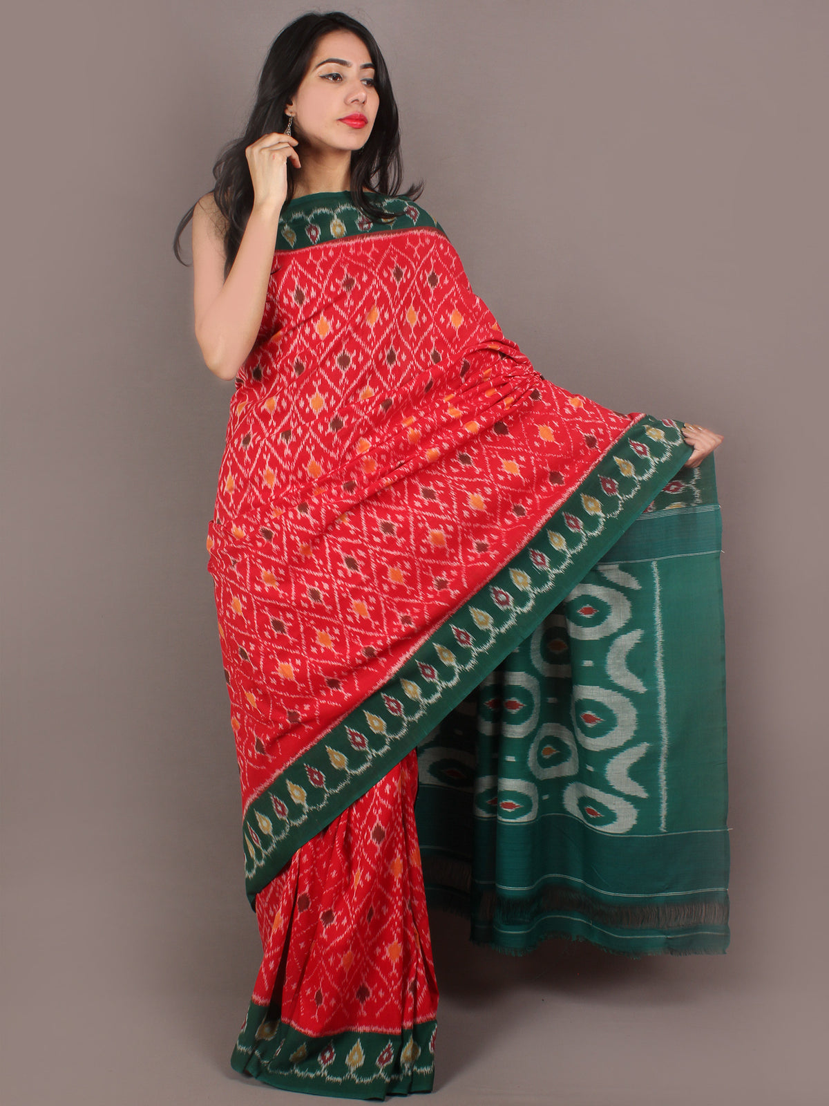 Red Green Grey Yellow Ikat Handwoven Pochampally Cotton Saree - S031701060