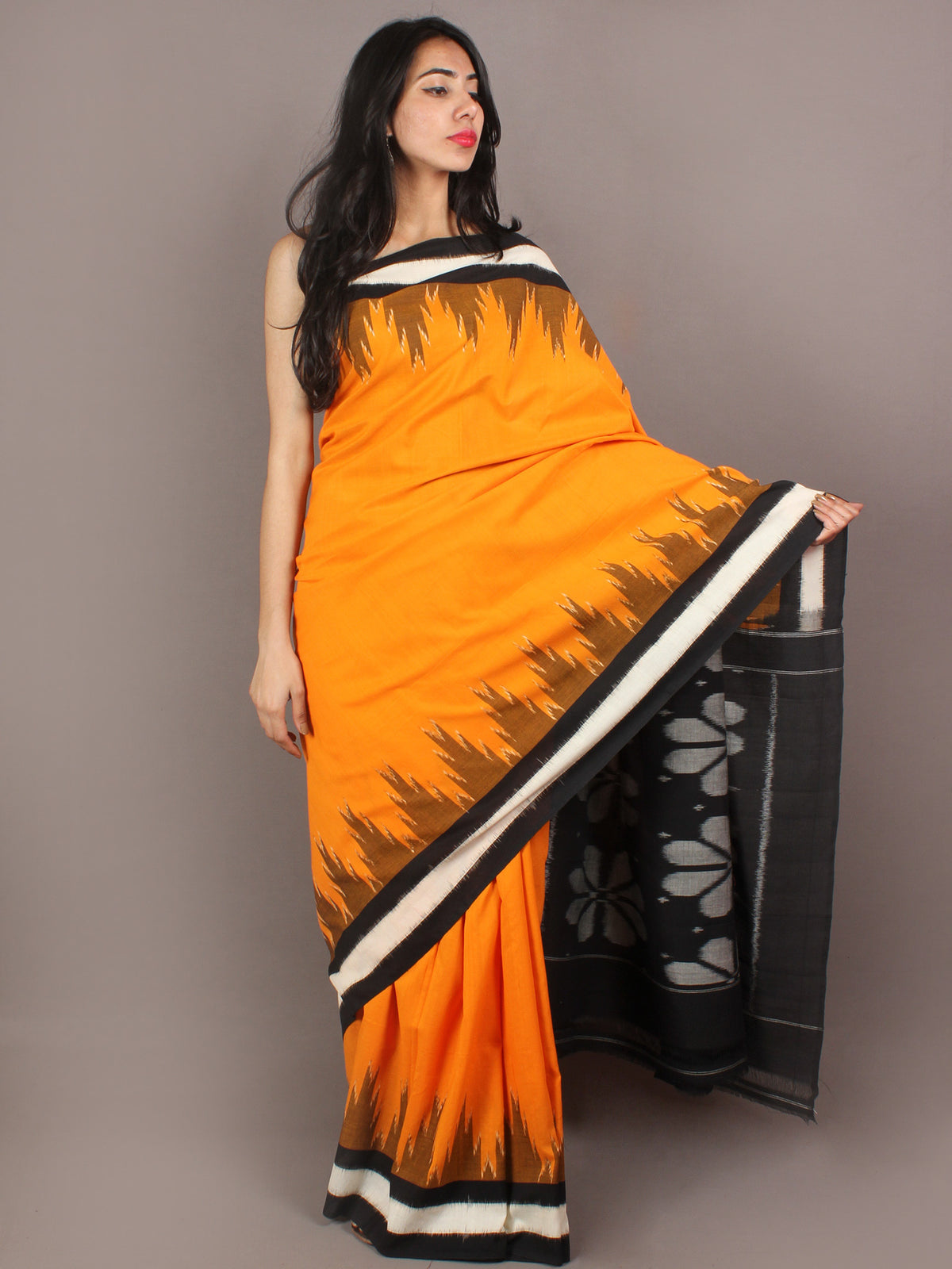 Yellow Black Ivory Grey Ikat Handwoven Pochampally Cotton Saree - S031701063