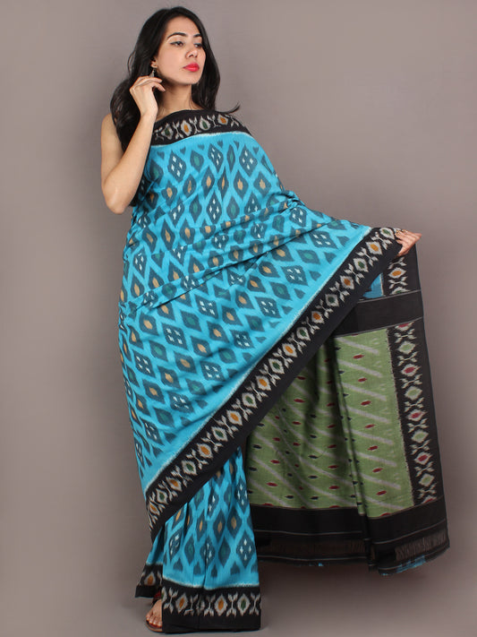 Azure Black Green Ikat Handwoven Pochampally Cotton Saree - S031701064