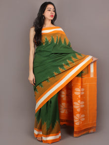 Green Orange Ivory Ikat Handwoven Pochampally Cotton Saree - S031701065