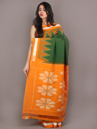 Green Orange Ivory Ikat Handwoven Pochampally Cotton Saree - S031701065