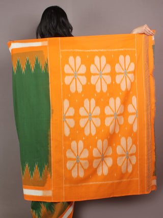 Green Orange Ivory Ikat Handwoven Pochampally Cotton Saree - S031701065