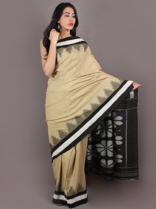 Beige Black Ivory Grey Ikat Handwoven Pochampally Cotton Saree - S031701066