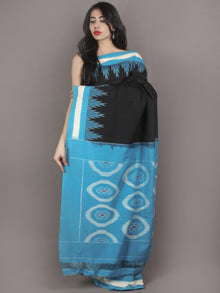 Black Azure Ivory Ikat Handwoven Pochampally Cotton Saree - S031701067