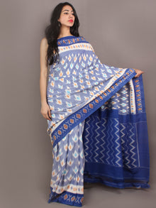Sapphire Blue Ivory Yellow Ikat Handwoven Pochampally Cotton Saree - S031701068