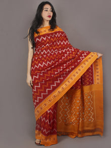 Red Yellow Ivory Ikat Handwoven Pochampally Cotton Saree - S031701070