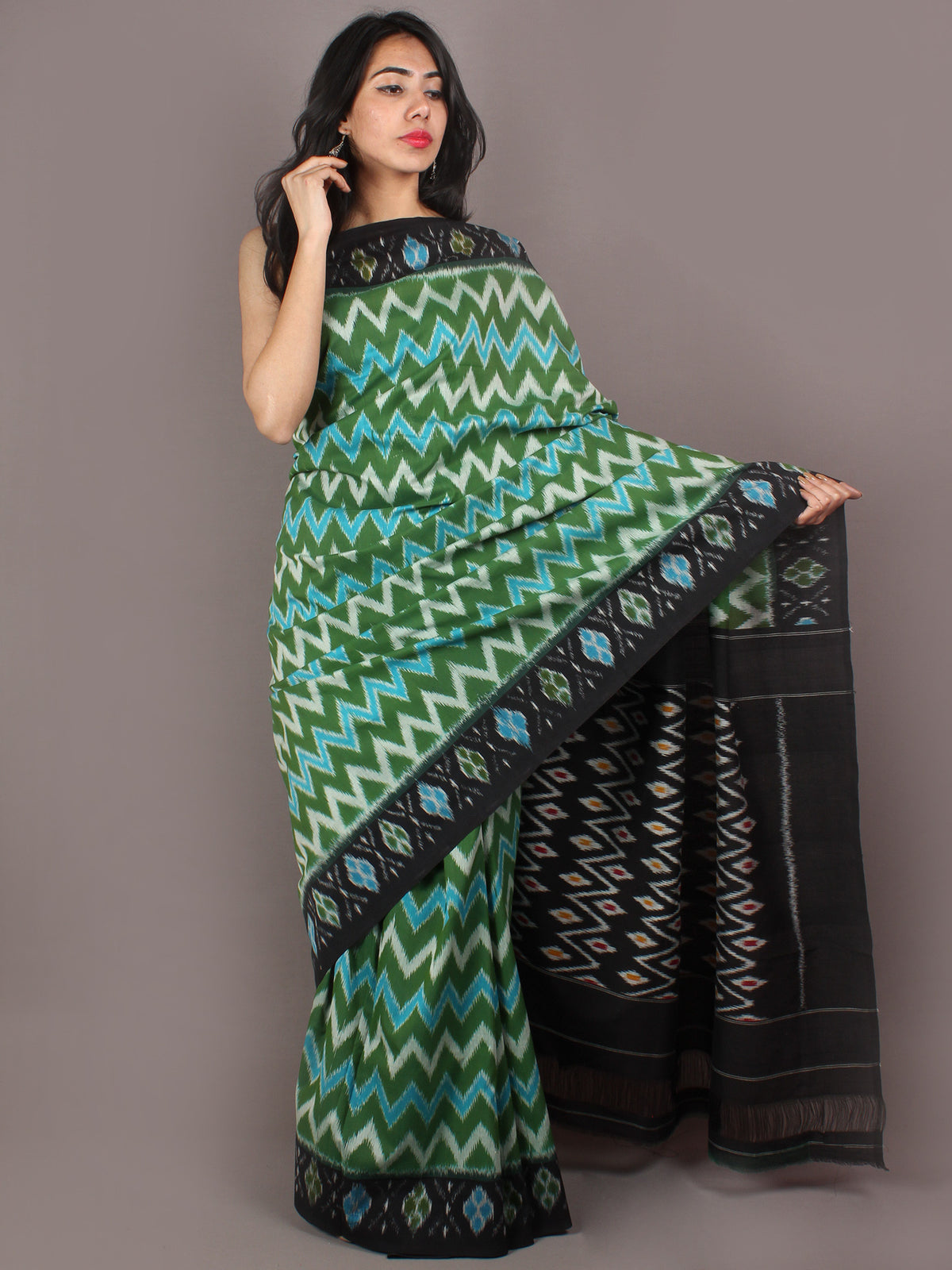 Green Black Azure Ivory Ikat Handwoven Pochampally Cotton Saree - S031701071