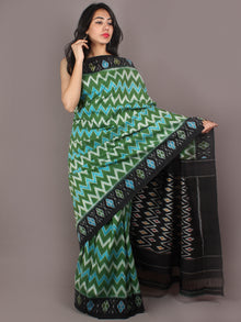 Green Black Azure Ivory Ikat Handwoven Pochampally Cotton Saree - S031701071