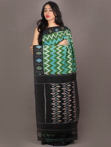 Green Black Azure Ivory Ikat Handwoven Pochampally Cotton Saree - S031701071