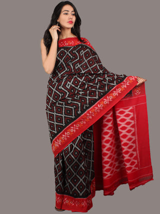 Red Black Ivory Ikat Handwoven Pochampally Cotton Saree - S031701072