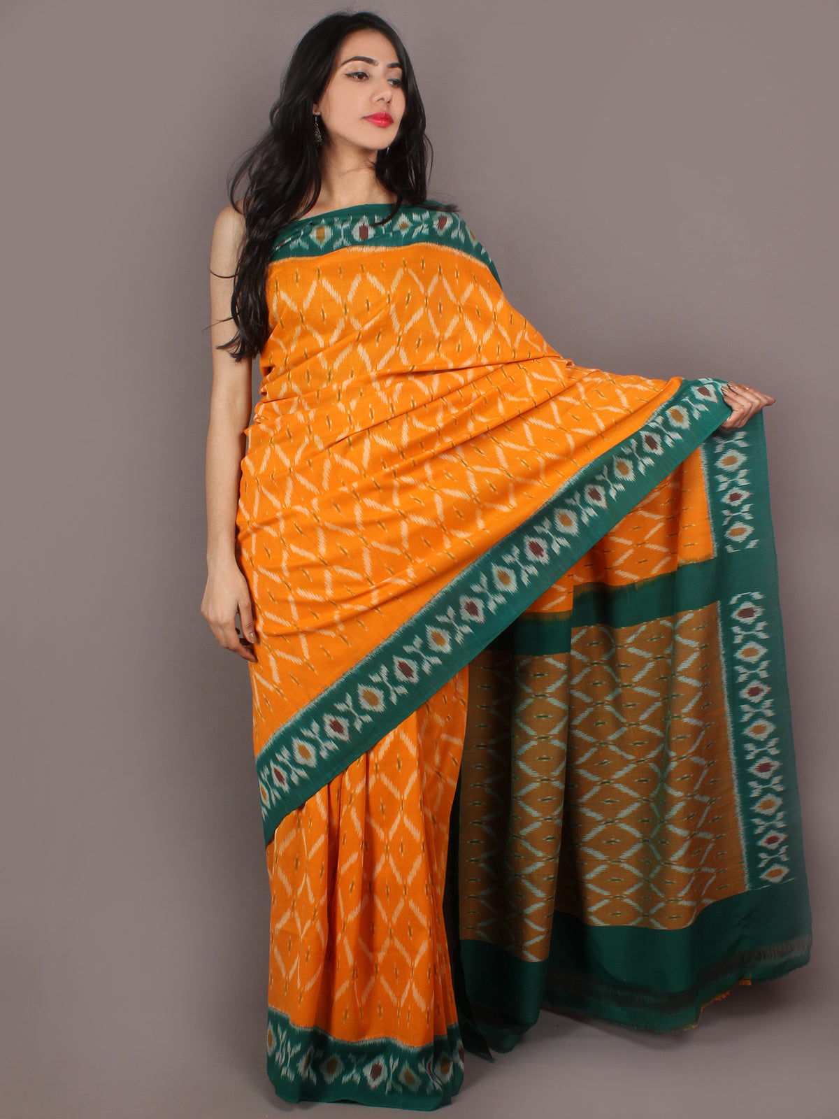 Yellow Green Ivory Ikat Handwoven Pochampally Cotton Saree - S031701074
